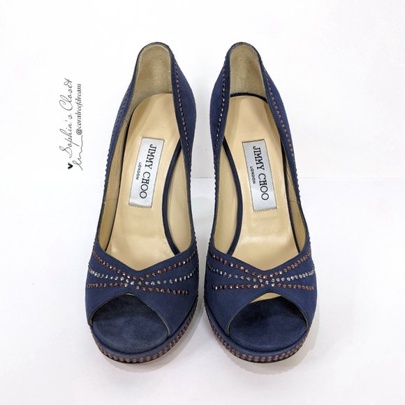 Jimmy Choo Blue Studded Suede Peep Toe High Heel - Picture 2 of 10